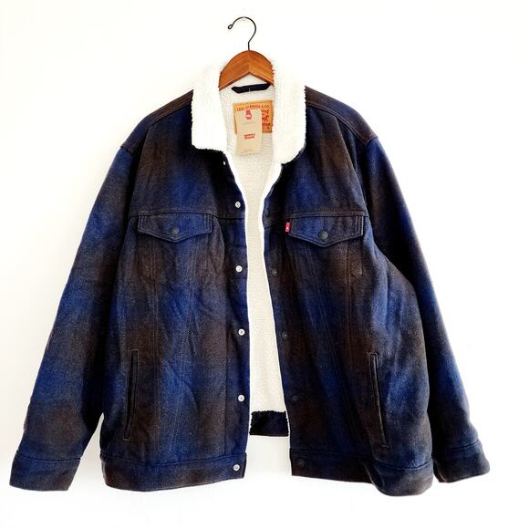 Levi's Men's XL Brown & Blue Plaid Flannel Sherpa Lined Trucker Jacket - Picture 7 of 8